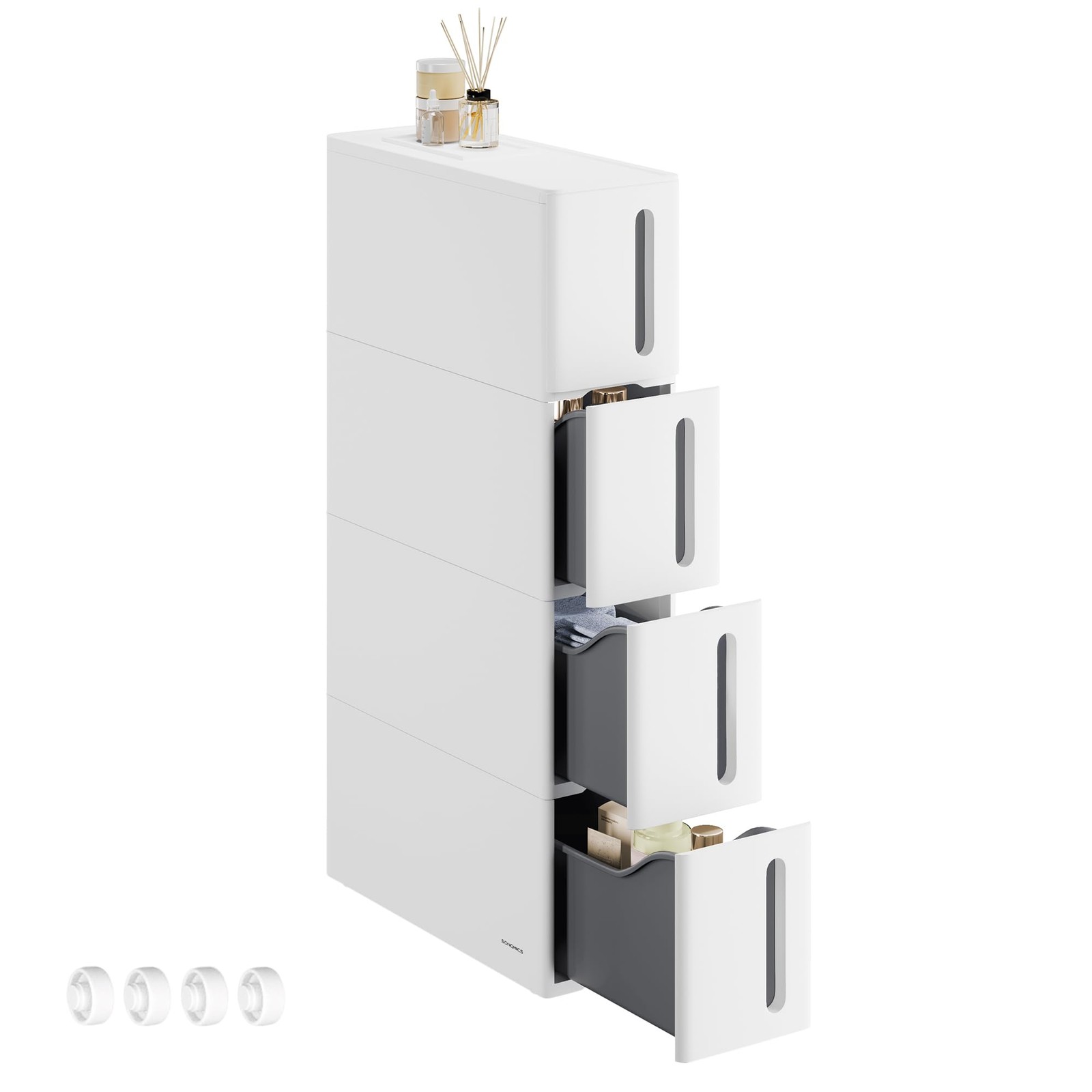 SONGMICS Storage Tower on Wheels Narrow Kitchen Column 4 Tier Plastic Shelf