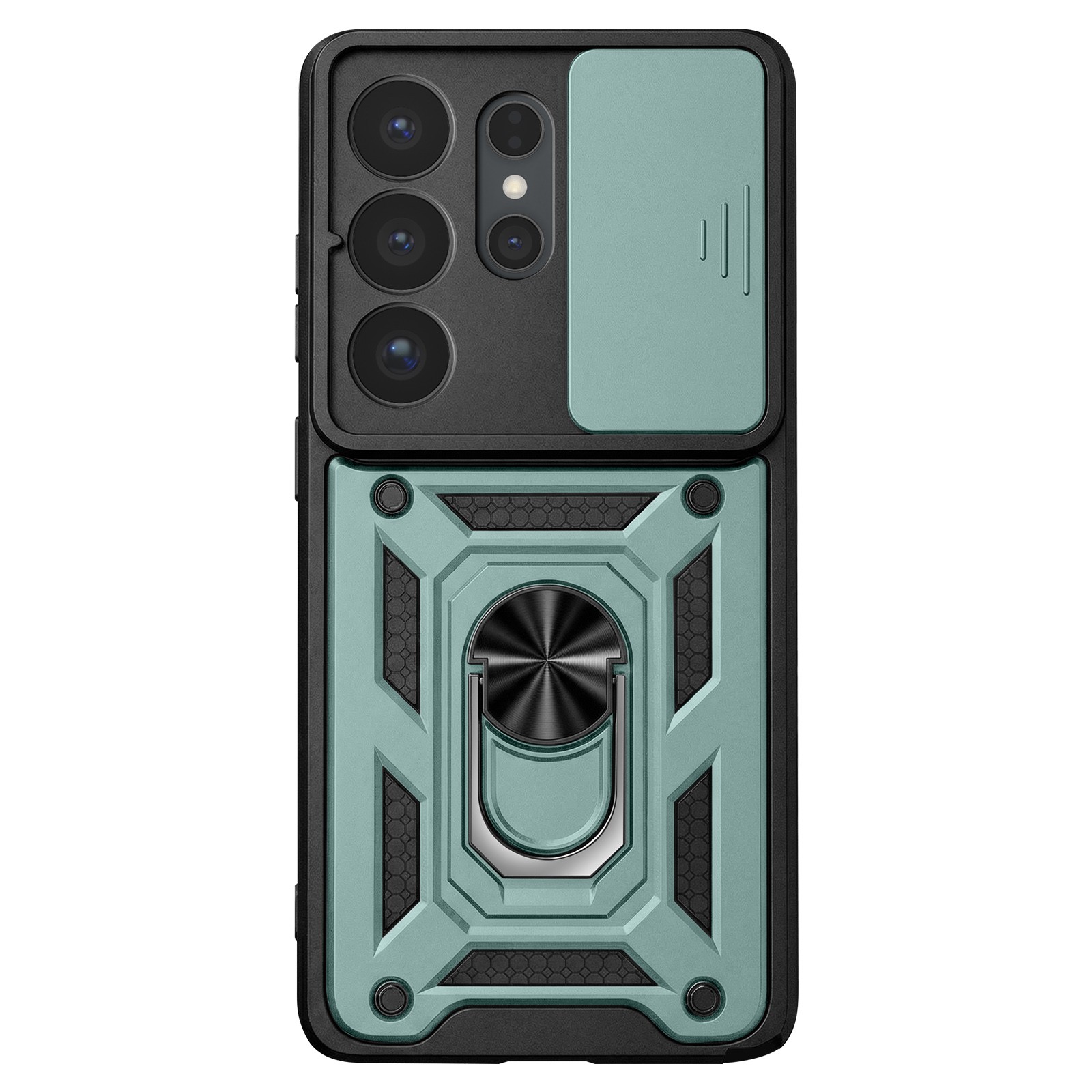 Protection Galaxy S26 Ultra premium vert olive avec bague métallique et cache objectif