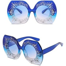 Rhinestone Sunglasses Women Oversized Fashion Shades Blue Lens Festival Glasses