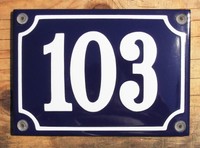 French Enamel House Number Sign. White No.103 On A Blue Background 14x10cm. French Enamel House Number Sign. White No.103 On A Blue Background 14x10cm.