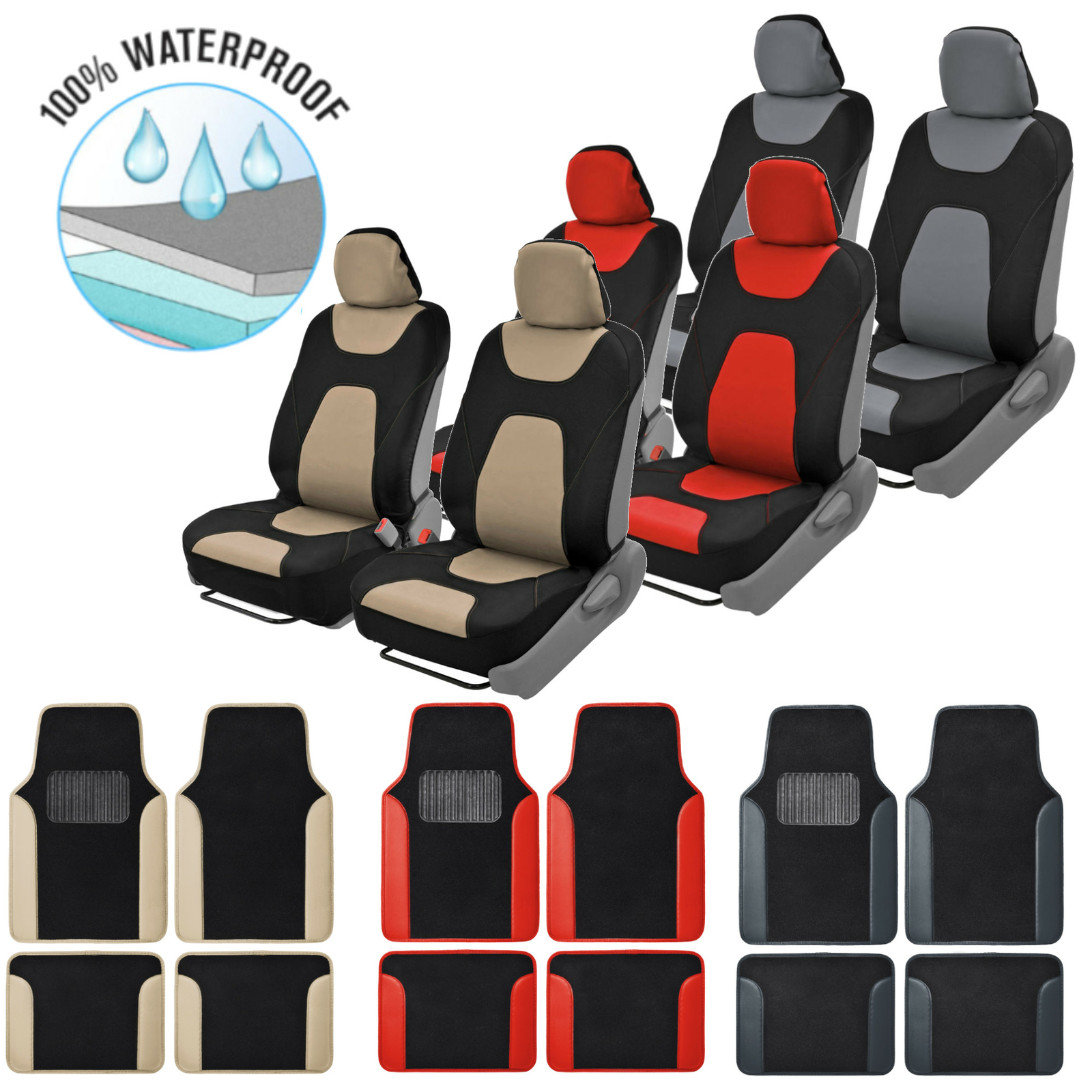 Combo Two Tone Design Matching PU Leather Trim Floor Mats & Car Seat Covers