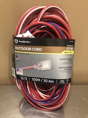 Southwire 100 Ft. 12/3 SJTW Extension Cord 15A/1875W,  Heavy Duty,  Lighted End