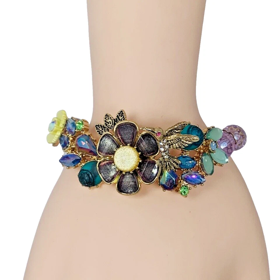 Pulsera Flor Colibrí Betsey Johnson 7" Cristal Helado Primavera Adelante De Colección Foto 2 de 4