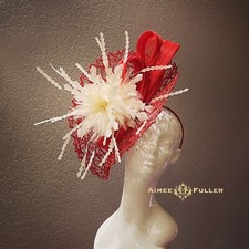 Kentucky Derby Fascinator Bridal Hat Vanilla Cream White Red Holiday Royal Ascot