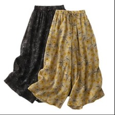 Women's Floral Elastic Waist Wide Leg Vintage Ramie Cropped Trousers Pants