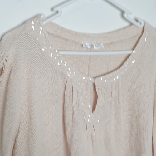 Imagine Made In Italy Size M Boho Beige Quiet Luxury Linen Bell Sleeve Shirt - Picture 3 of 7
