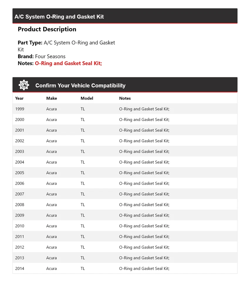 Kit de junta tórica y junta sistema de aire acondicionado Acura TL 1999-2014 4 estaciones 2000 2001 2002 Foto 2 de 4
