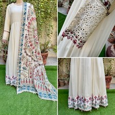 Pakistani Off White Long Maxi Style Embroidered Sequins Chiffon Dress,M