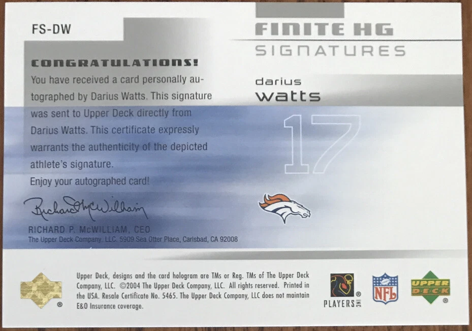 2004 Upper Deck Finite HG Signatures Darius Watts FS-DW Denver Broncos - Image 2 of 2