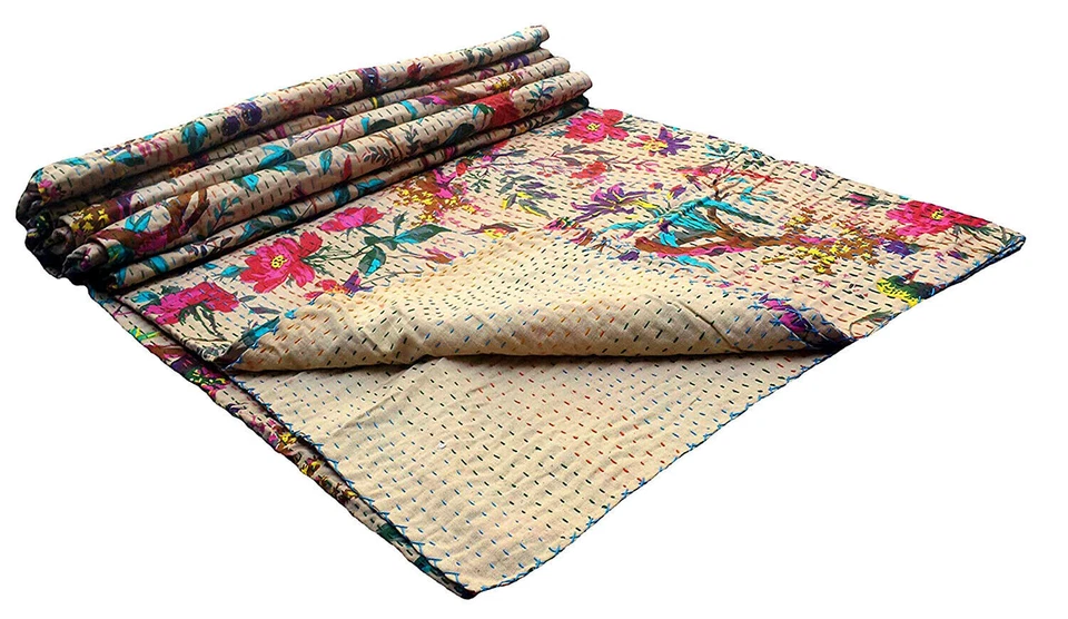 Multicoloured Bed Runner Kantha Quilt Floral Ralli Gudri Double Bedspreads Throw - Image 3 of 4
