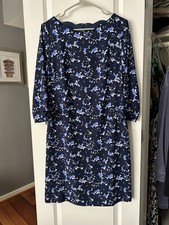 Talbots Blue Floral Scalloped Neck Sheath Dress Tie 3/4 Sleeve Workwear Size 8