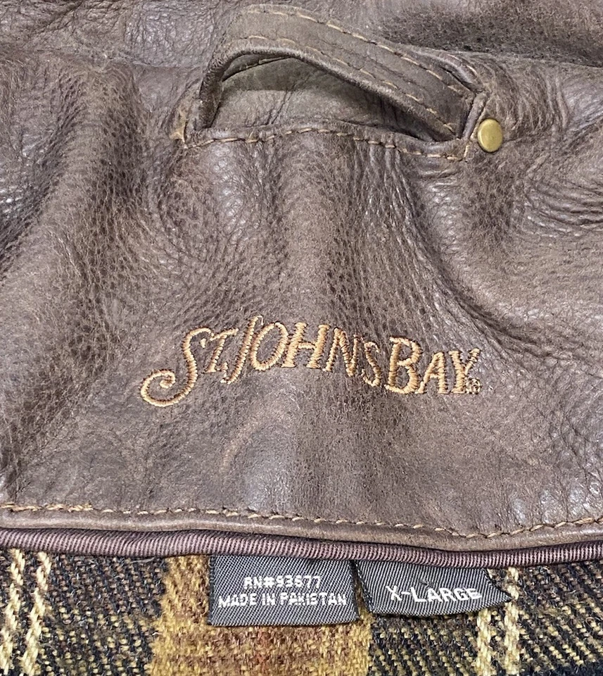 St. John’s Bay Leather Jacket Men’s XL Brown Wool Plaid Lined Full Zip Collared - Image 4 of 4