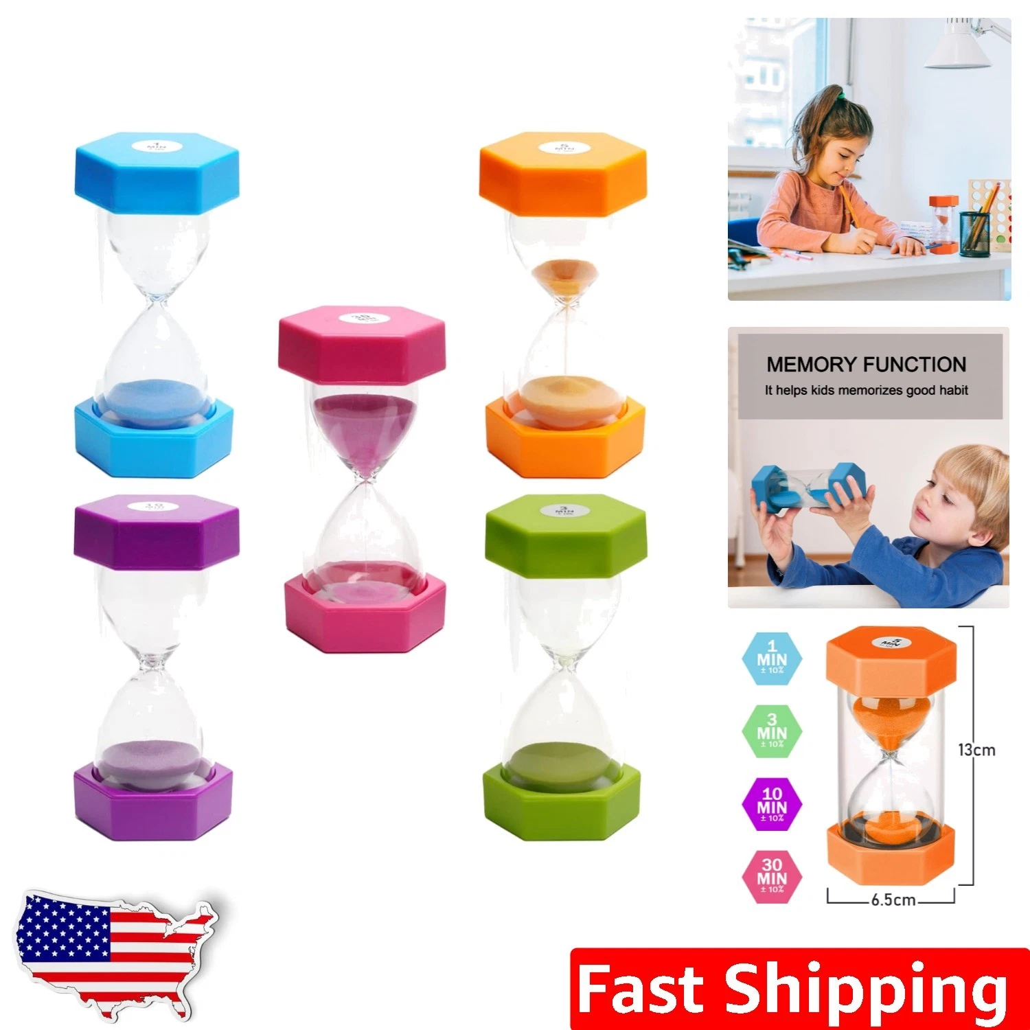 High Quality Glass Sand Timers 5 Pcs - 1-30 Min, Kids Classroom & Kitchen Use