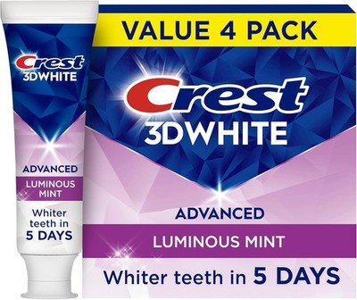 Crest 3D White Advanced Teeth Whitening Toothpaste for Adults 3.7 oz 4 Pack