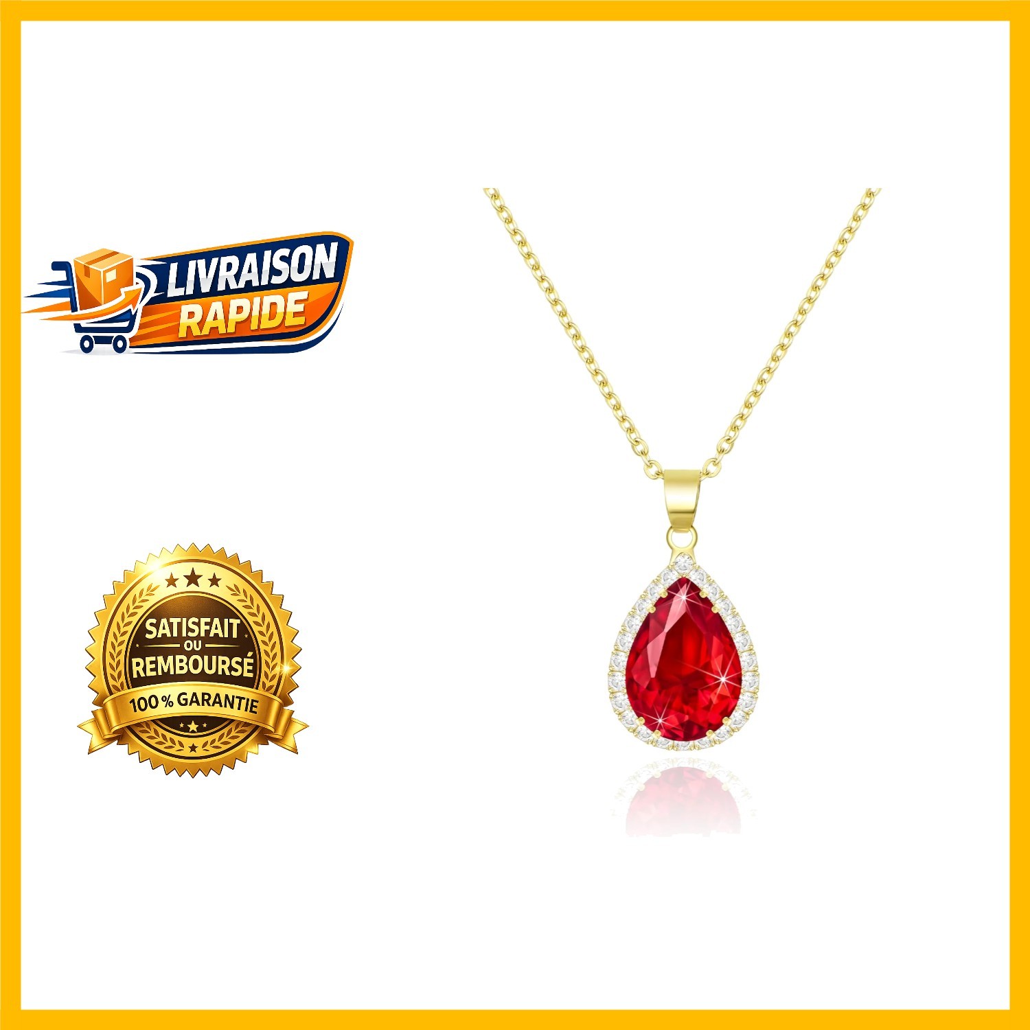 Collier Or 14K et Pendentif Zircon Cubique Cristal de Prestige Rose