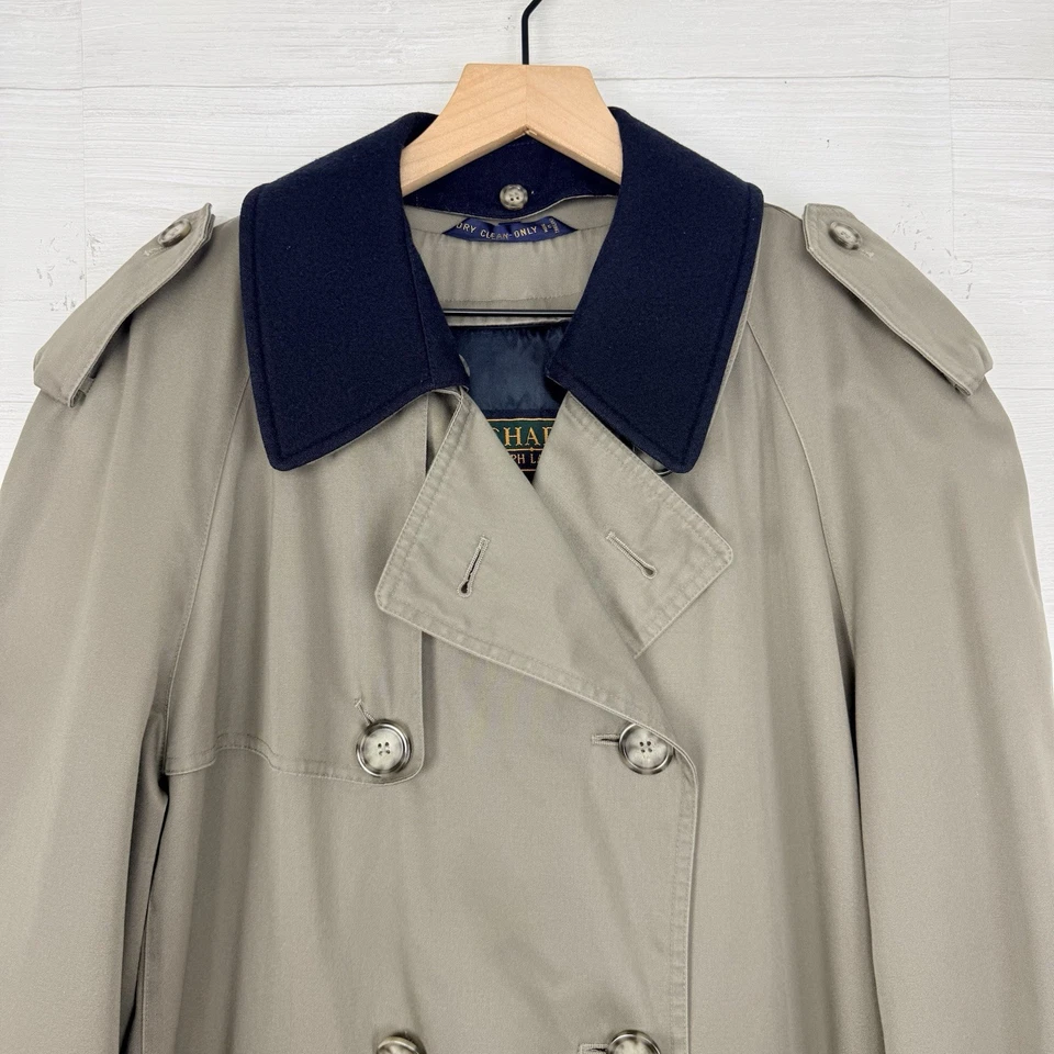 Vtg Chaps Ralph Lauren Men Size 40R Double Breasted Trench Coat Wool Lined Khaki - Image 2 of 4