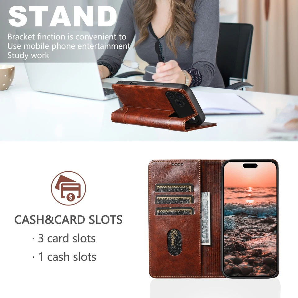 Retro PU Leather Flip Wallet Case Cover For iPhone 17 Pro Max 16 15 14 13 12 11 - Image 3 of 4