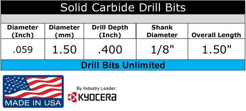 1.50mm .059" #53 Solid Carbide Drill Bits - 50 Pieces -1/8" Shank 1.5mm R/S - Picture 3 of 4