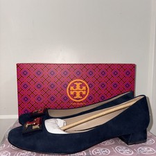 TORY BURCH GIGI Block Heel Pump Shoe Gold Logo Kid Suede Navy 10.5M
