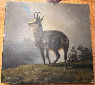 Gemälde Öl auf Holz , Gams In Berglandschaft , 1845