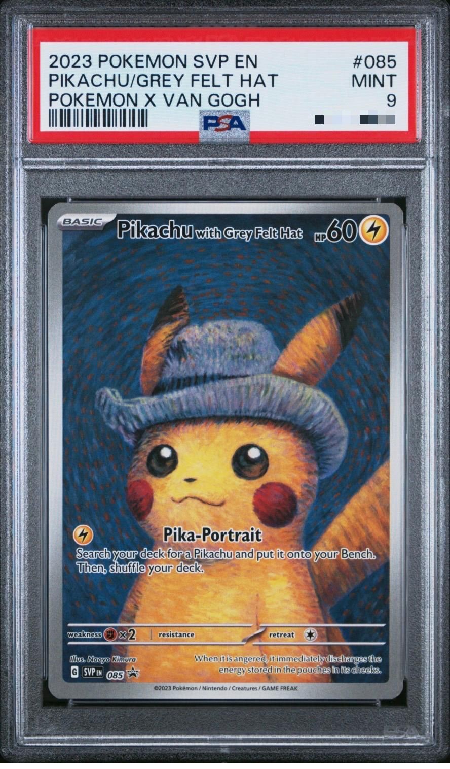 PIKACHU/GREY FELT HAT POKEMON VAN GOGH SVP EN-SV BLACK STR PRM 2023 085 PSA 9