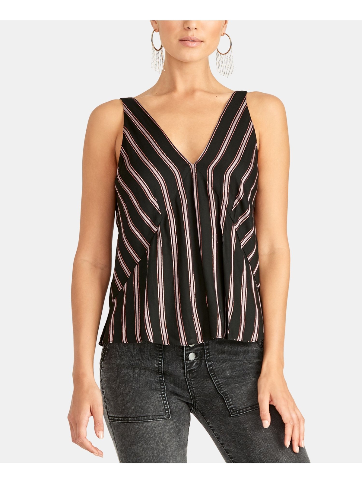 RACHEL ROY Womens Black Striped Sleeveless V Neck Tank Top Size: XS