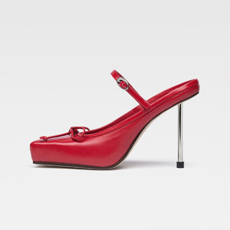 Women's Summer Square Toe Bow High Heels Belt Buckle Slip-On Slippers