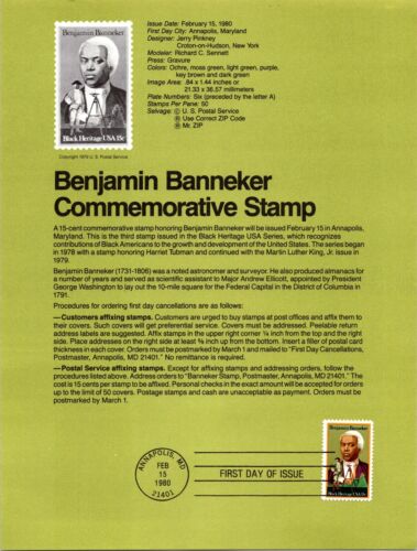 USPS FDC First Day Cover Souvenir Sheet Benjamin Banneker Scott #1804 - Picture 2 of 3