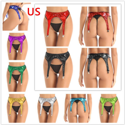 Women's Shiny Metallic 4 Wide Straps Metal Buckles Garter Belt for Stockings
