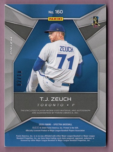 2020 PANINI SPECTRA GOLD #160 T.J. ZEUCH AUTO JERSEY LAUNDRY TAG # /10 BLUE JAYS - Picture 2 of 3