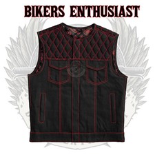 Men's Hunt Denim Club Biker Motorcycle Quilted Paisley Black Red Denim Vest