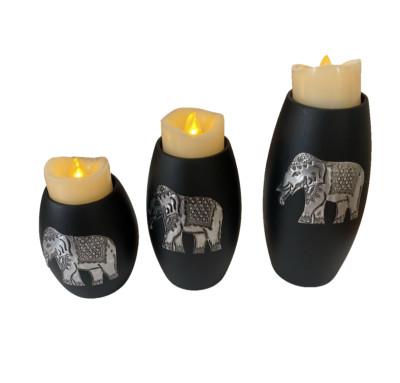 3 Pieces/Set of 4''+5''+6'' LED Candles Flameless with Silver Elephant Appliques