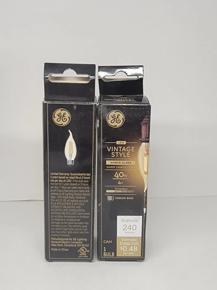 GE Vintage CAM E26 Filament LED Bulb, Transparent Amber 2 pack - Image 2 of 2