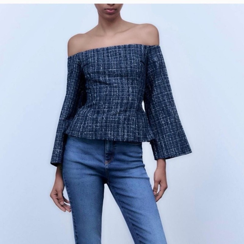 Zara NWT Tweed Bell Sleeve Blouse Top in Navy Blue Size XS