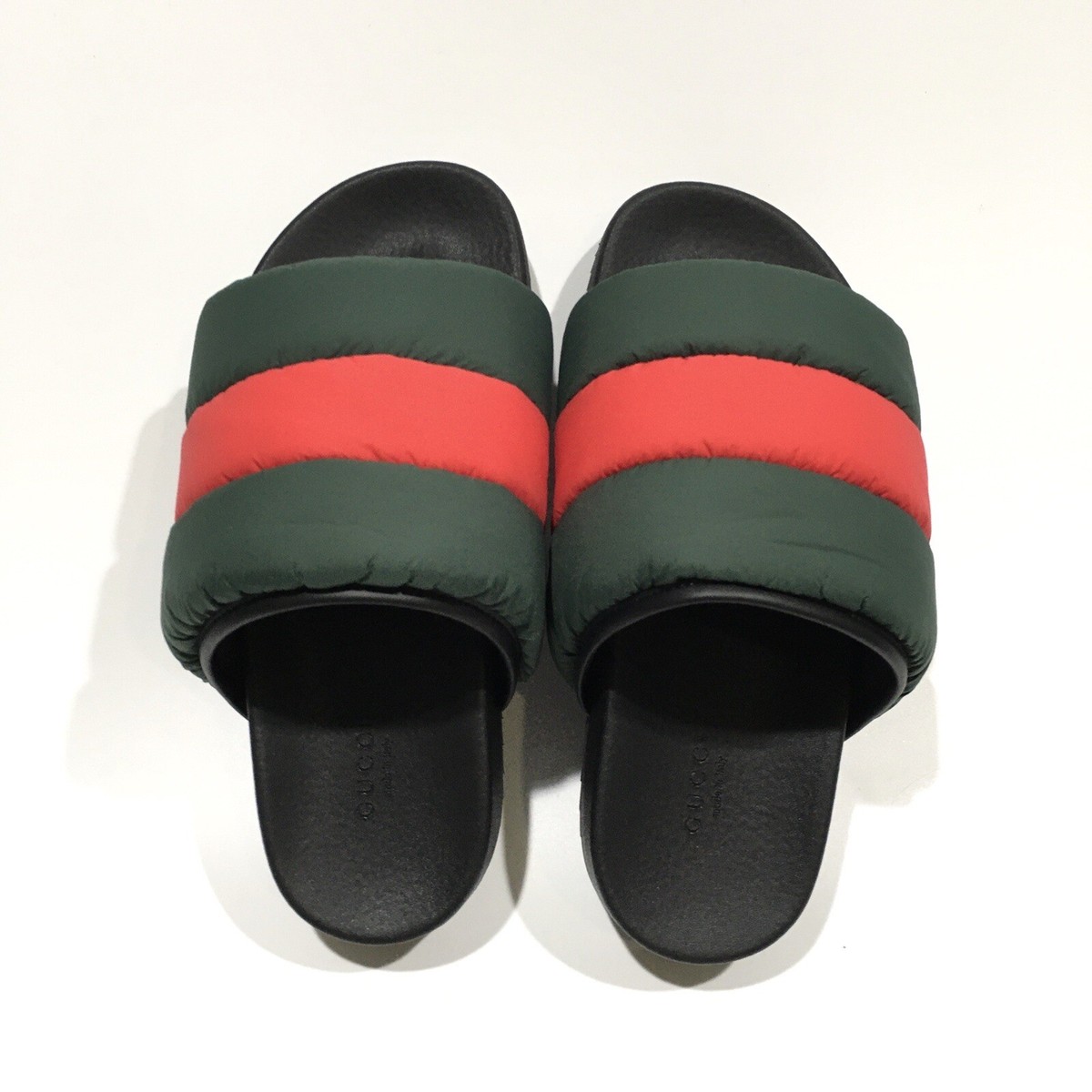 GUCCI PADDED WEB SLIDE SANDALS -GREEN / RED PUFFER NYLON GUCCI PADDED WEB SLIDE SANDALS -GREEN / RED PUFFER NYLON