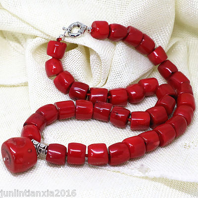 Natural Red Coral Irregular 13x15mm Barrel Bead Charms Women Fashion Necklace18''