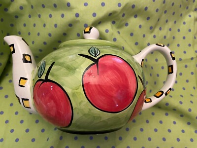 Whimsical Hand Painted Teapot Bright Green w/Apples/White Handle/Yellow Squares