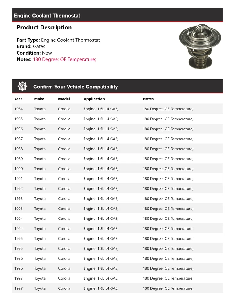 For 1984-1997 Toyota Corolla Engine Coolant Thermostat Gates 1985 1986 1987 1988 - Image 2 of 4