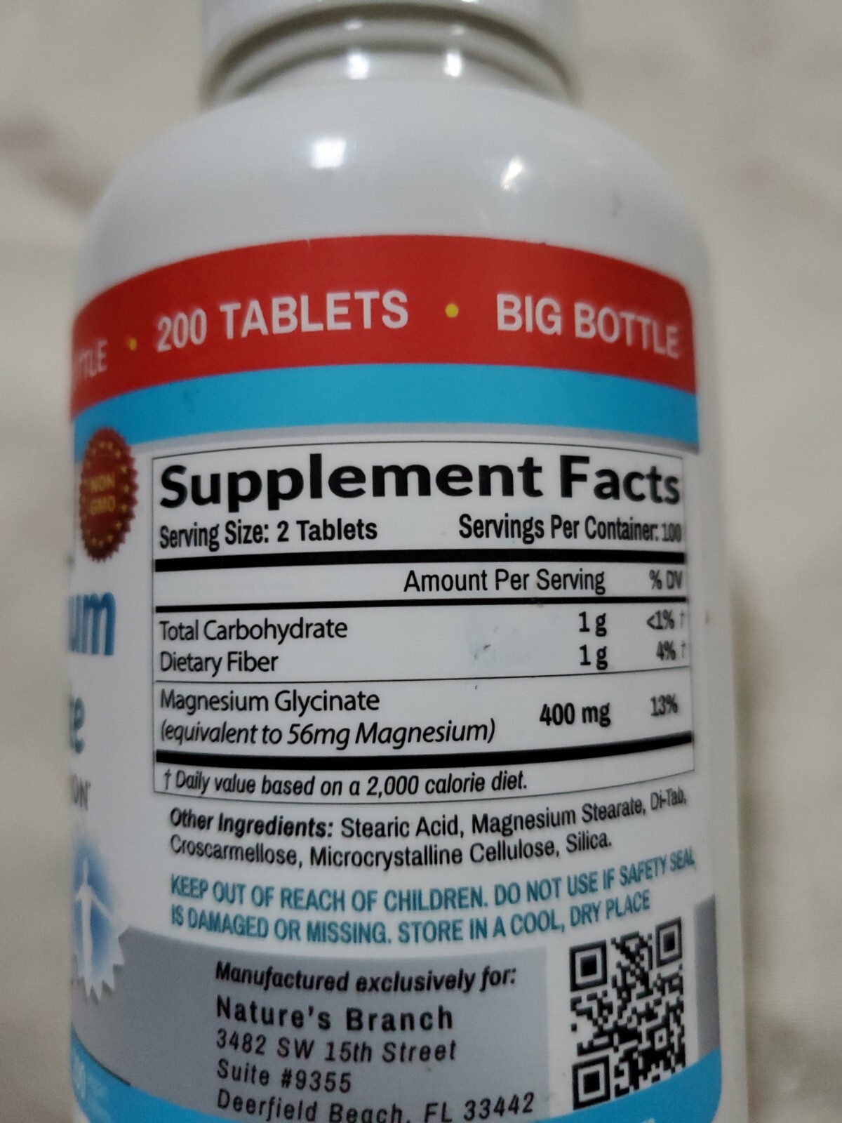 Nature's Branch MAGNESIUM GLYCINATE 400 MG 200 TABLETS HIGH ABSORPTION