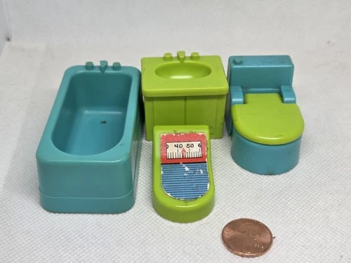 Vintage Fisher Price little people blue/green bathroom set: Toilet Sink Tub