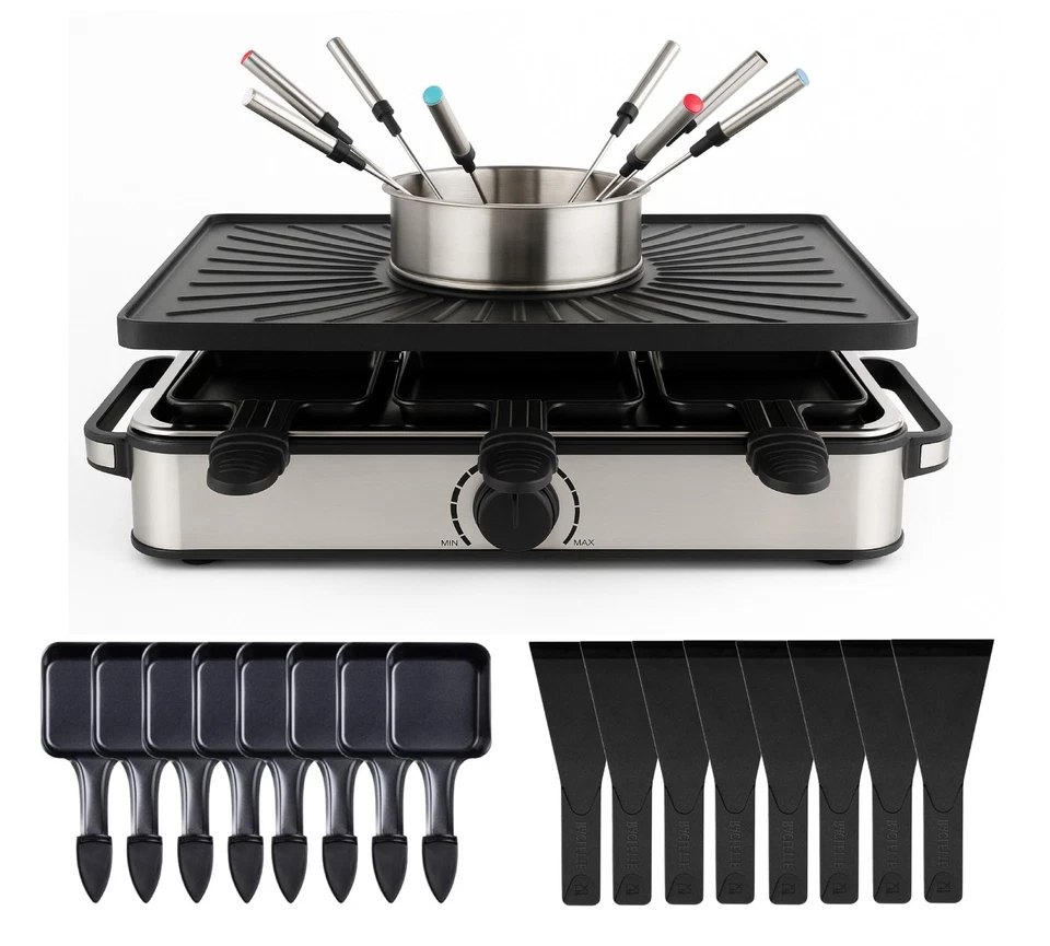 HAUSHALTO 8 Personen Set Raclette Grill - Mit Grillplatte & Crepes Funktion - Grill