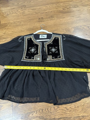 Owls Peace + Love Top Black Sheer Velvet Embroidered L - Picture 11 of 12