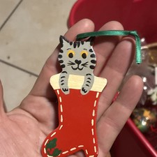 Wood Cat in Red Stocking Christmas Hanging Decorative Ornament