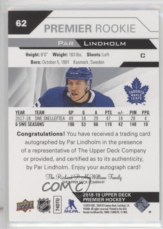 2018-19 Upper Deck Premier Silver Spectrum Par Lindholm #62 Rookie Auto RC 0o5t