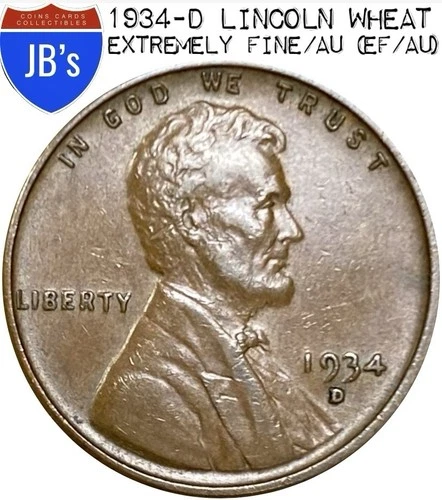 1934-D Lincoln Wheat Cent Penny 1c - EXTREMELY FINE/AU  (EF/AU)