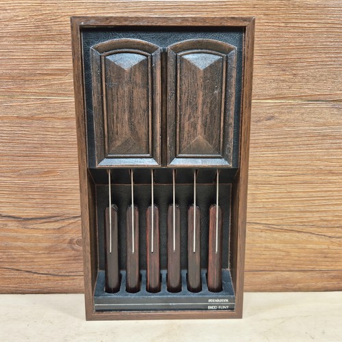 Vintage Flint Stainless Vanadium 6 Pc Steakster Wood Steak Knife Set W/Wall Rack