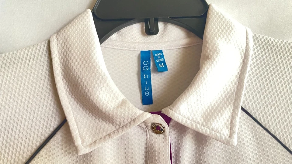 Damen GG Blau Kurzarm Golf Shirt Gr. M Weiß mit Schwarz und Auberginenbesatz - Bild 4 von 4