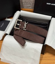 YSL Suede Leather Belt 30mm Brown Silver Buckle