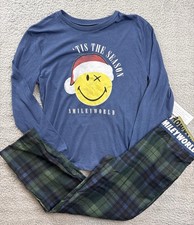 Smiley World Boys Large 10/12 Blue Plaid Christmas Long Sleeve Pajama Set 2pc