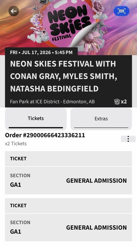 Neon Skies Festival Friday Pass 2 Tickets GA1 Row GA0 ICE District Parkade